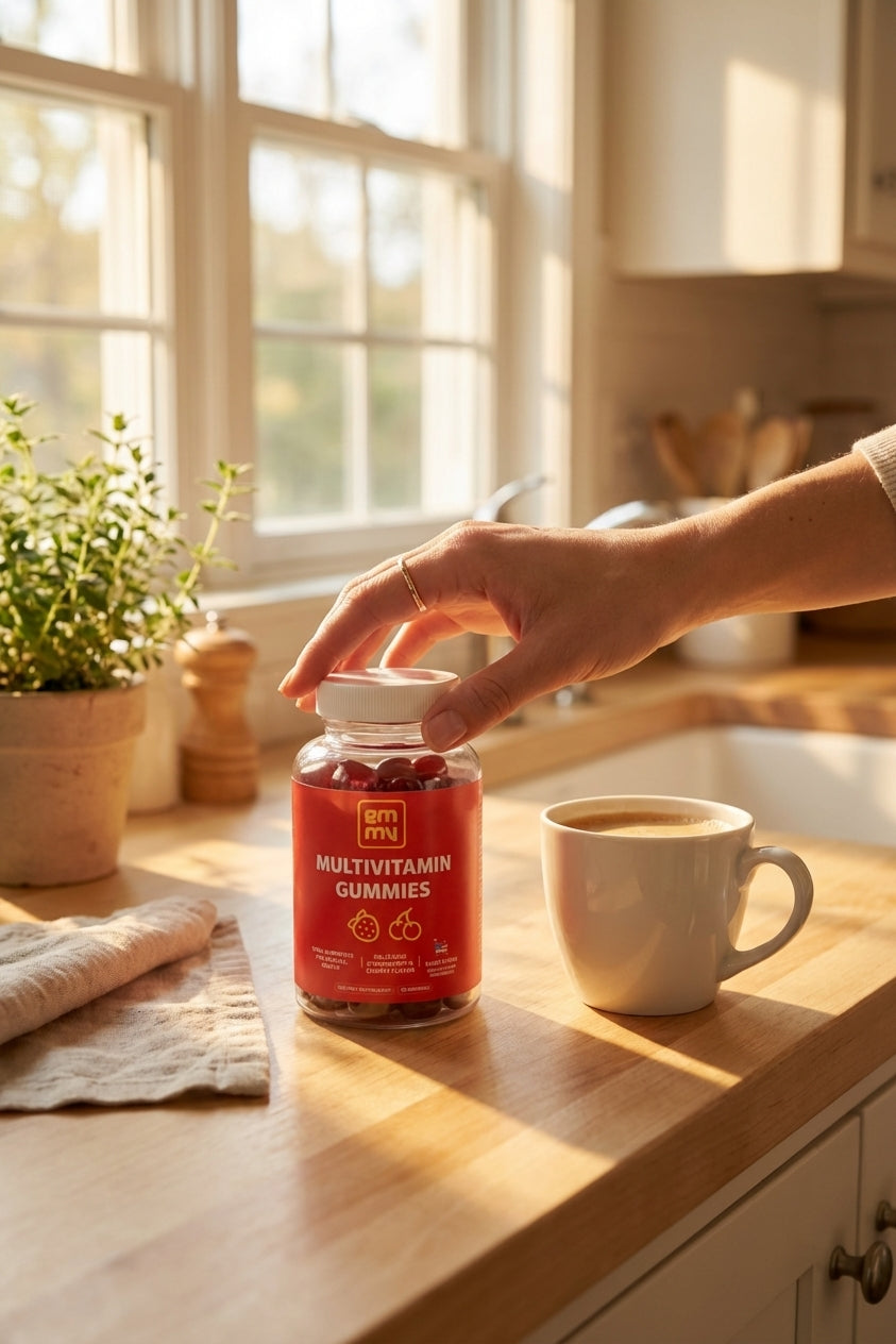 GMMY Multivitamin Gummies on kitchen counter with morning coffee