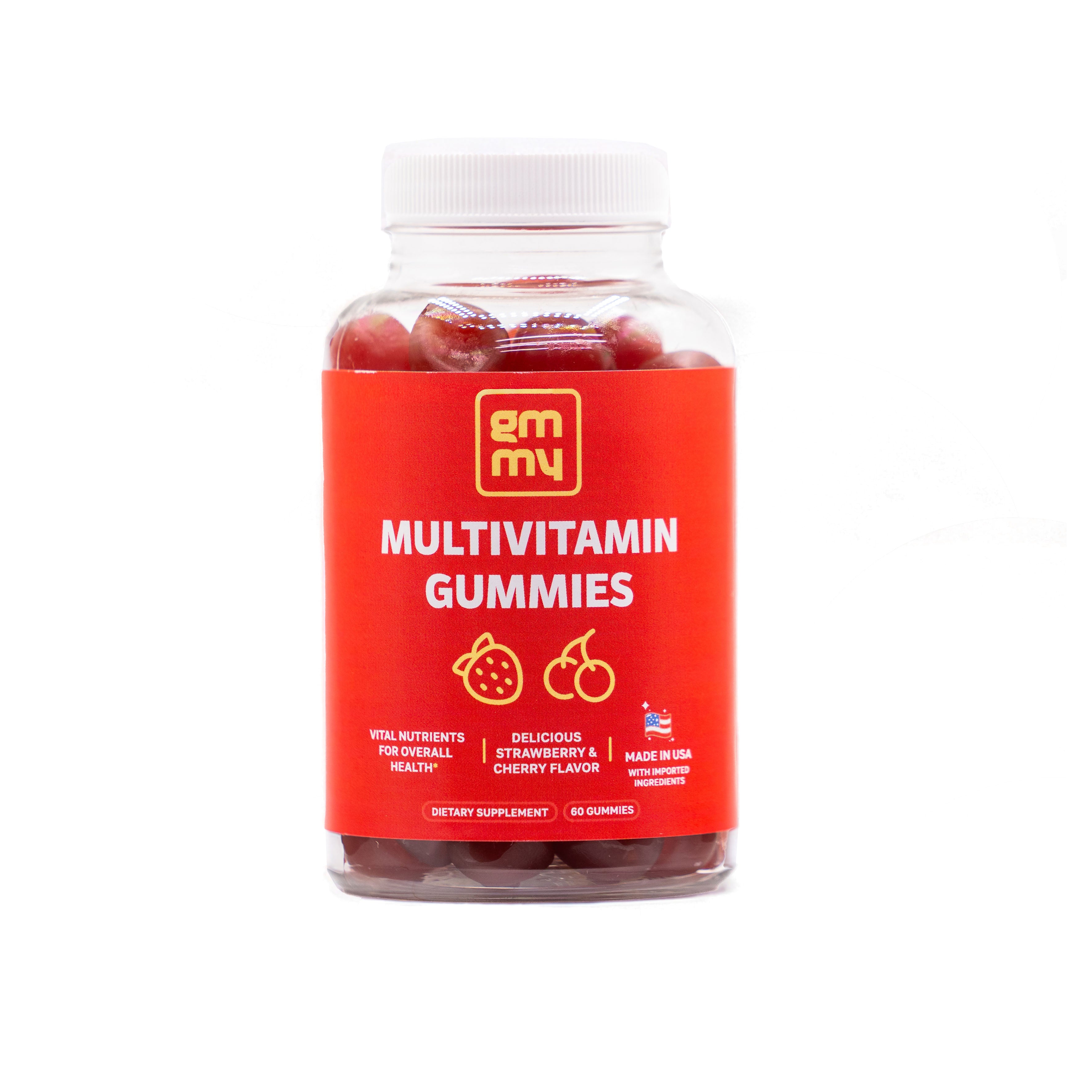 Multivitamin gummies in a bottle with a red label on a white background