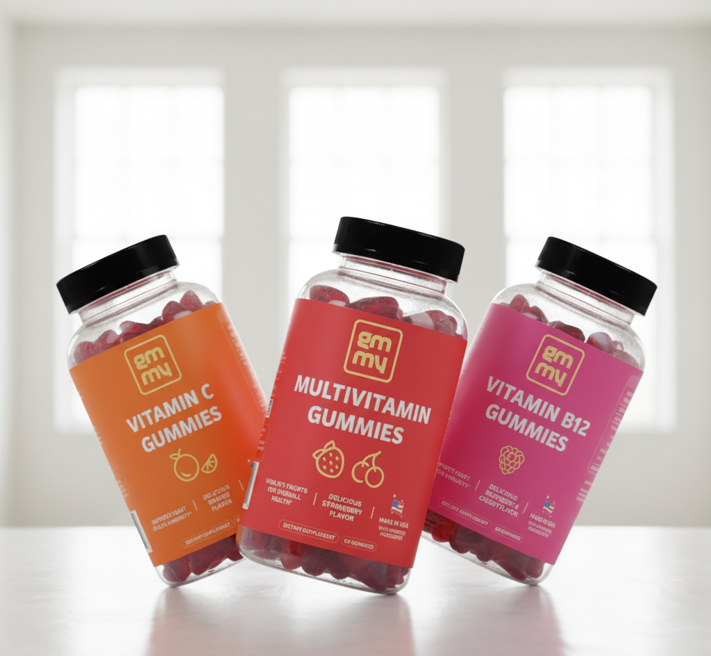 Three bottles of vitamin gummies with colorful labels on a white surface.