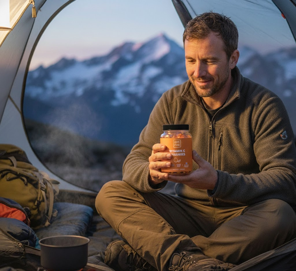 Man sitting in a tent holding a can of Red Bull Energy Drink with mountains in the background