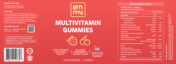 Multivitamin gummies label with supplement facts on a red background