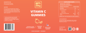 Vitamin C gummies packaging with supplement facts on an orange background